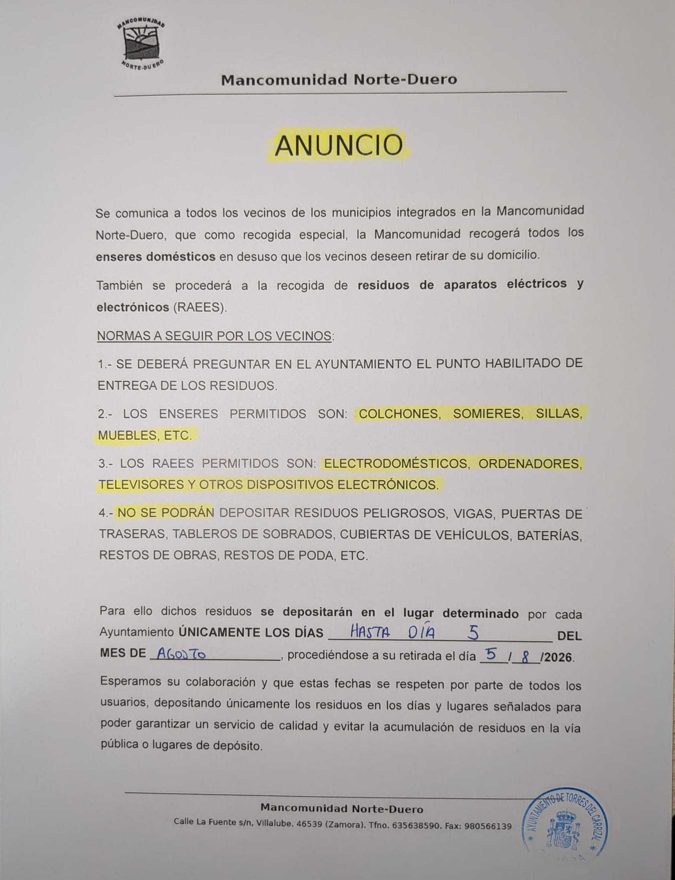 Recogida de enseres domestico 2026